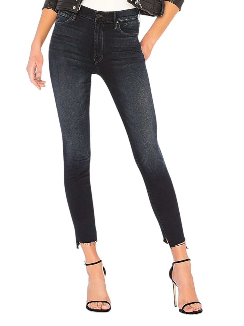 MOTHER Faded Black Stunner Zip Ankle Step Fray Skinny Jeans (31x27)